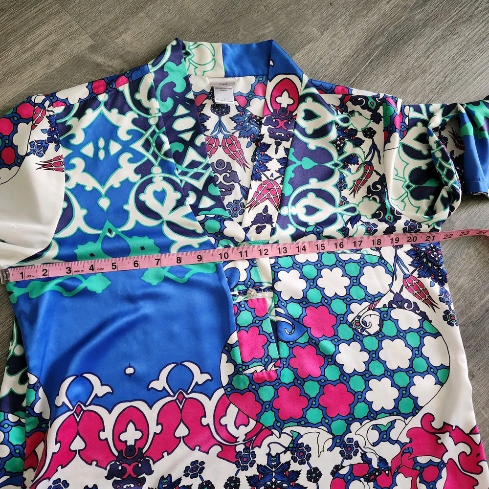 Natori Satin Pajama Set L Blue Pink Morrocan Tile Kimono Top Lounge Pants Resort - Picture 16 of 16